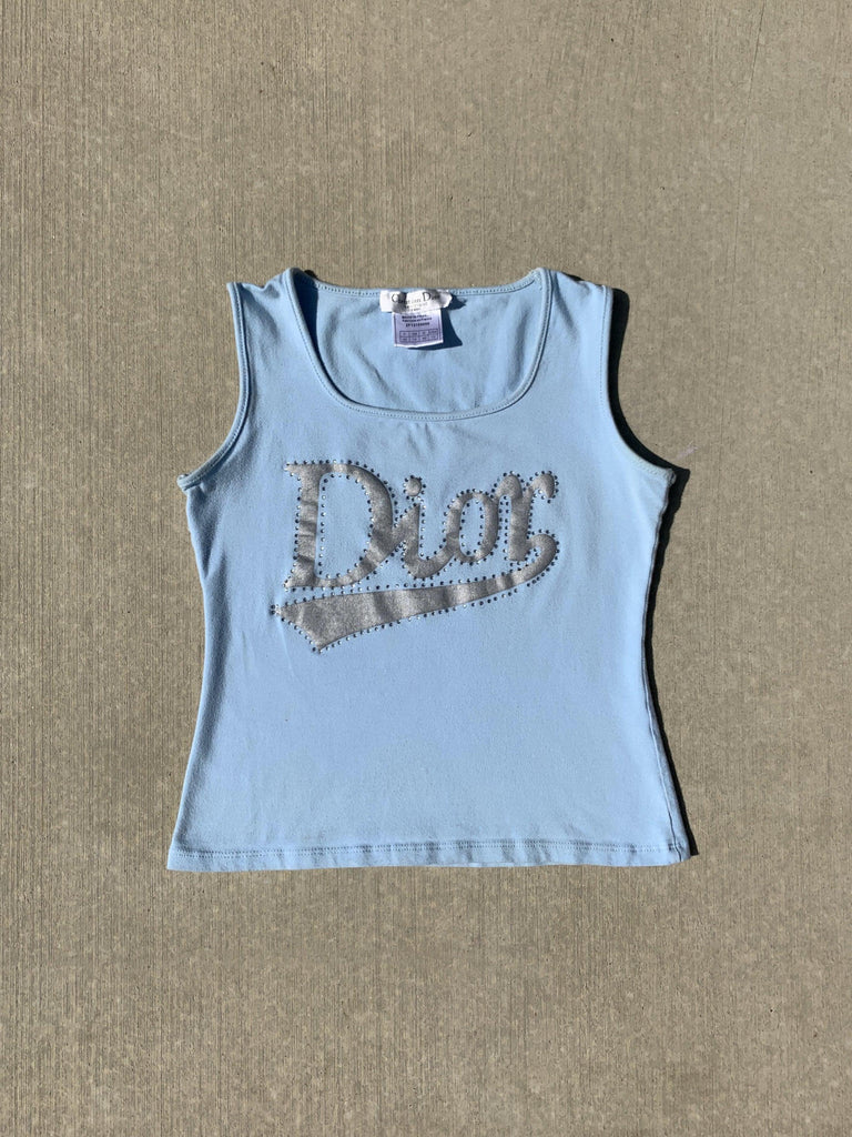 Top view of baby blue Dior tank top.