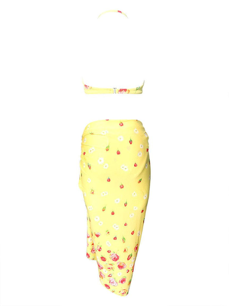 Y2K Yellow Rose Lowrise Bikini with Sarong Sz XS/S - DMT VINTAGE
